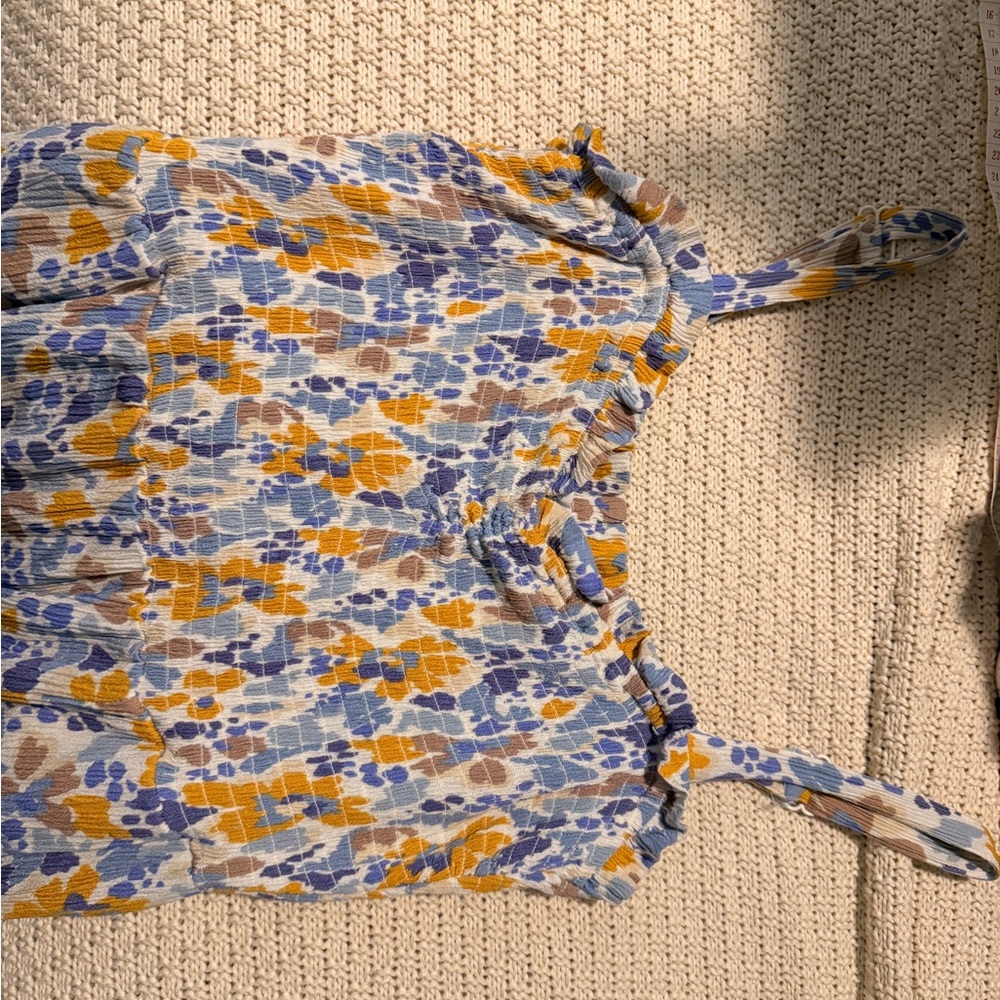 Market & Spruce Abstract Floral Midi Dress in Blue, Yellow, and Brown